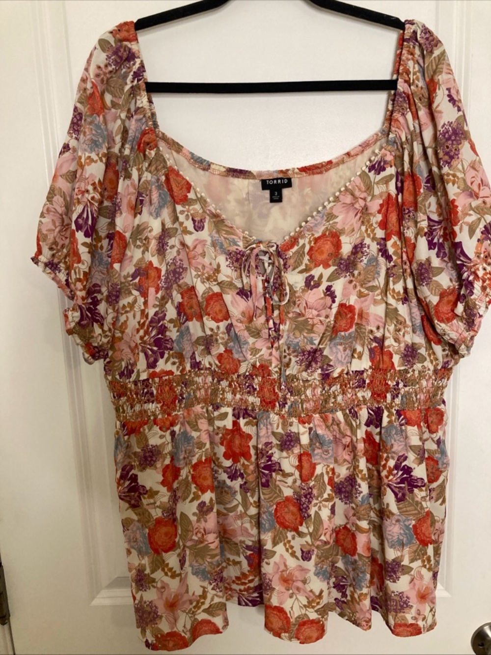Torrid Top Womens 3 / 3X Georgette Eyelet Smocked Waist Puff Sleeve Boho